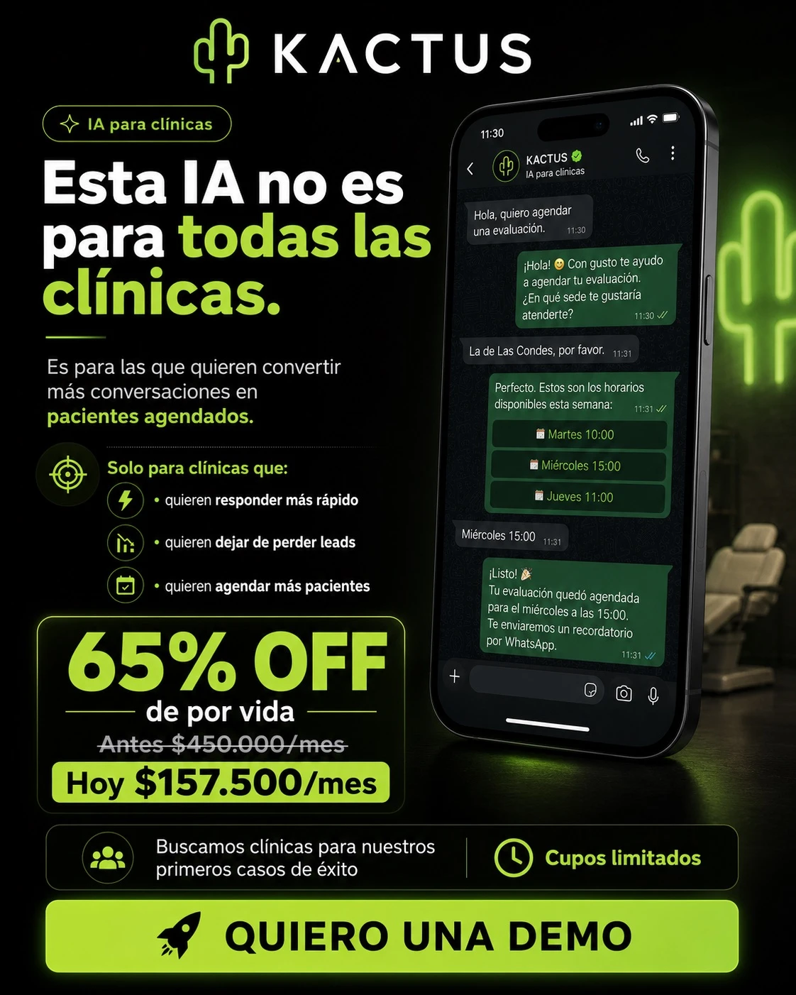 Promoción exclusiva del servicio de IA para clínicas: 65% de descuento de por vida, 157.500 pesos chilenos al mes.