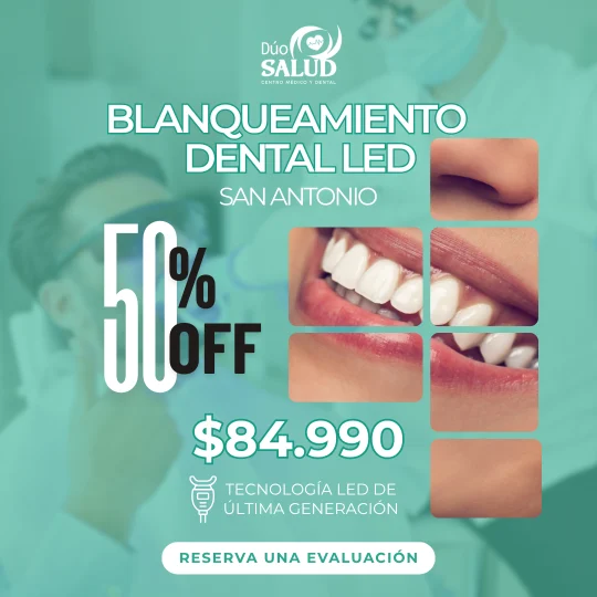 Pieza de Dúo Salud para blanqueamiento dental LED en San Antonio, con una oferta y un llamado a reservar una evaluación.